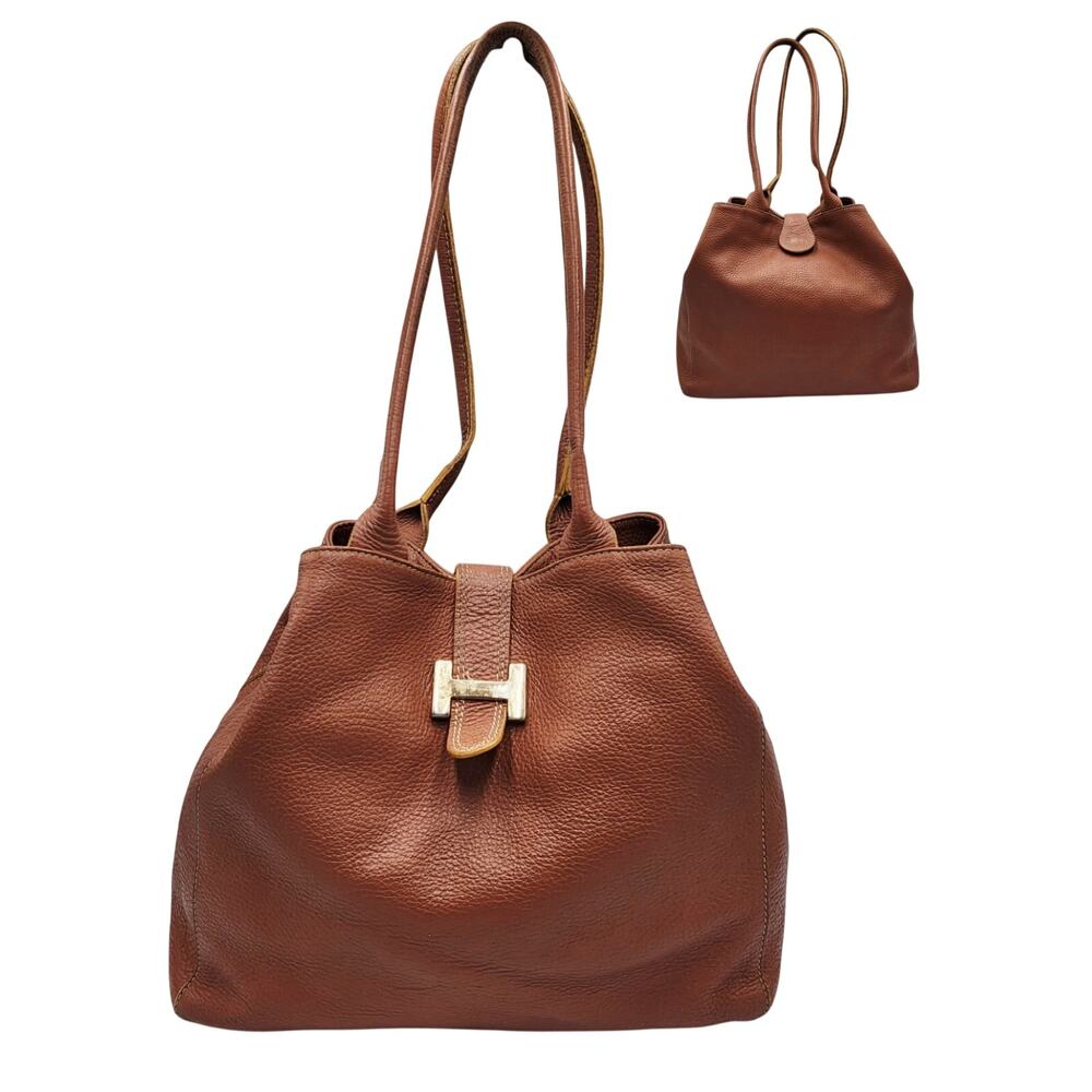Peruzzi Brown Pebbled Leather Hobo Shoulder Bag Slouchy Gold-tone "H" Hardware